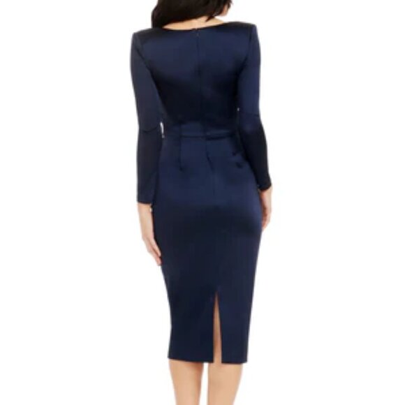 Dress the Population Pamela Long Sleeve Satin Cocktail Dress in Navy Sz: Small - Picture 2 of 9